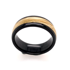 Black Zirconium Domed 8mm Band with a 5mm Boxelder Burl Wood Inlay.
R