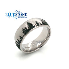 Titanium 8mm Domed Wedding Band with Green Pine Tree Design(size9.5)