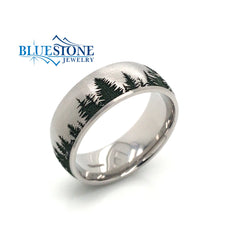 Titanium 8mm Domed Wedding Band with Green Pine Tree Design(size9.5)