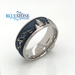 8mm Domed Titanium Band Mountain and Tree Pattern w/Navy Blue Cerakote(size 9.5)