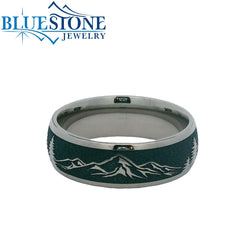 7mm Titanium Mountains & Trees Band with Blue Titanium Cerakote- Size 9