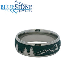 7mm Titanium Mountains & Trees Band with Blue Titanium Cerakote- Size 9