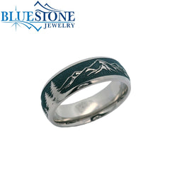 7mm Titanium Mountains & Trees Band with Blue Titanium Cerakote- Size 9