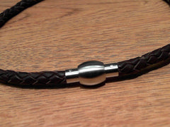 Steel and Brown Leather Necklace 42cm Small Size 16 inches