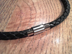 Steel and Black Leather Necklace 50cm Medium Size 20 inches
