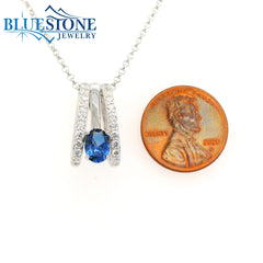 Sterling Silver Lab Sapphire Pendant w/ Encrusted Cubic Zirconias - 20"