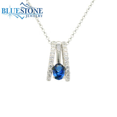 Sterling Silver Lab Sapphire Pendant w/ Encrusted Cubic Zirconias - 20"