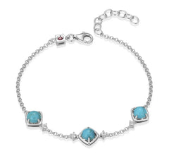 Sterling Silver Bracelet with 3 Turquoise and 4 White Topazes - 7.75"
