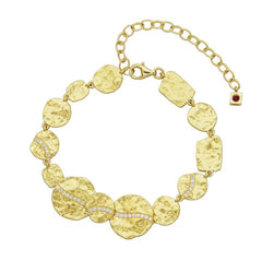 Sterling Silver & 14KY Gold Plated Hammered Disc Bracelet w/ CZ's - 9.25"