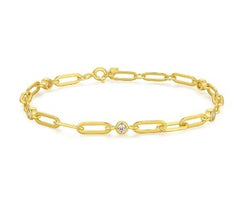 14K Yellow Gold Plated Paperclip Chain Bracelet w/ CZ's - 7.5"