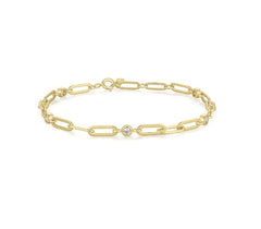 14KT Yellow Gold Plated Paperclip Chain Bracelet w/ CZ's - 7.5"