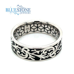 Silver Scroll Pattern Ring. 7.5mm Wide. -Size 11
