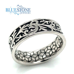 Silver Scroll Pattern Ring. 7.5mm Wide. -Size 11
