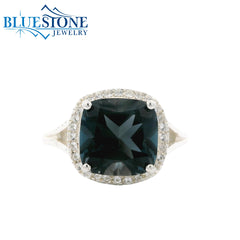 Silver Ring with London Blue Topaz and White Topazes- Size 8.25