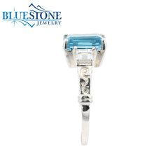 Silver Ring with Sky Blue Topaz and White Topazes- Size 7.25