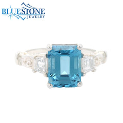 Silver Ring with Sky Blue Topaz and White Topazes- Size 7.25