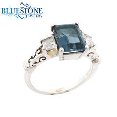 Silver Ring with London Blue Topaz and White Topazes- Size 7.25