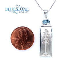 Medium Silver Redwood Tree Pendant with Blue Topaz