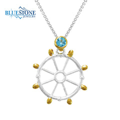 Silver & Gold Ship's Wheel Pendant with Topaz- 18"