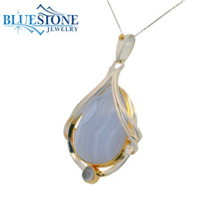 Silver & Gold Pendant with Blue Lace Agate and Chalcedony- 18"