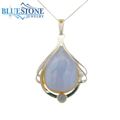 Silver & Gold Pendant with Blue Lace Agate and Chalcedony- 18"