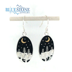 Sterling Silver Oval Trees and Cresent Moon Earrings