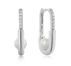 Sterling Silver Rhodium Plated Hoop Earrings with Pearls
