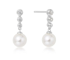 Sterling Silver and Rhodium Plated Dangle Stud Earrings w/ CZ's & Pearl