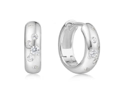Sterling Silver & Rhodium Plated Chubby Huggie Hoop Earrings w/ CZ's