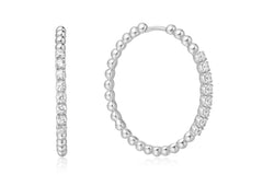 Sterling Silver & Rhodium Plated Beaded Large Hoop Earrings w/ CZ's