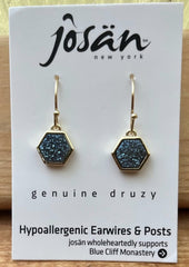 Gold Plated Hexagon Genuine Blue Druzy Gemstone Earrings