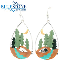 Hypoallergenic Moon, trees, river and tent Earrings