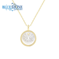14 Karat Yellow Gold Mother of Pearl Evil Eye Medallion Necklace - 20"