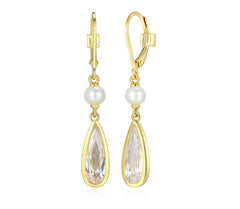 14KYG Plated Earrings w/ Two CZ & Pearls