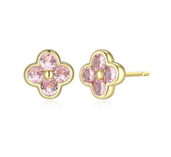 Sterling Silver & 10KYG Plated Clover Pink CZ Stud Earrings
