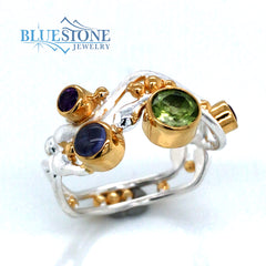 Silver & Gold Ring w/ Peridot, Rhodolite Garnet, Iolite and Amethyst- Size 7