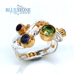 Silver & Gold Ring w/ Peridot, Rhodolite Garnet, Iolite and Amethyst- Size 7