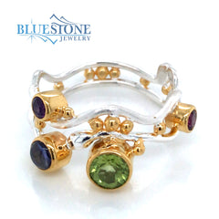 Silver & Gold Ring w/ Peridot, Rhodolite Garnet, Iolite and Amethyst- Size 7