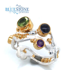 Silver & Gold Ring w/ Peridot, Rhodolite Garnet, Iolite and Amethyst- Size 7