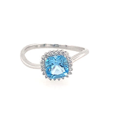 14K White Gold Ring Swiss Blue Topaz & Diamonds(size 6)