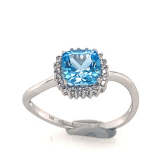 14K White Gold Ring Swiss Blue Topaz & Diamonds(size 6)