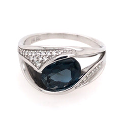 14 Karat White Gold Ring with London Blue Topaz and Diamonds- Size 6