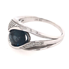 14 Karat White Gold Ring with London Blue Topaz and Diamonds- Size 6