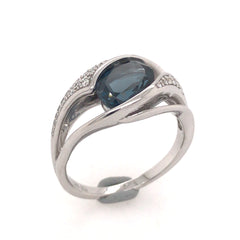 14 Karat White Gold Ring with London Blue Topaz and Diamonds- Size 6