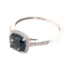 14 Karat White Gold Fashion Ring with London Blue Topaz and Diamonds- Size 7.75