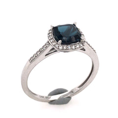 14 Karat White Gold Fashion Ring with London Blue Topaz and Diamonds- Size 7.75