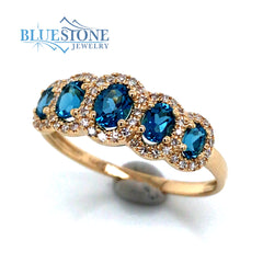 14KYG Ring w/ 5 London Blue Topaz & Diamonds - Sz 7.5
