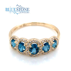 14KYG Ring w/ 5 London Blue Topaz & Diamonds - Sz 7.5