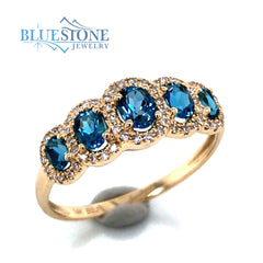 14KYG Ring w/ 5 London Blue Topaz & Diamonds - Sz 7.5