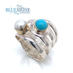 Silver & Gold Ring with Turquoise and Pearl- Ring size 8.5